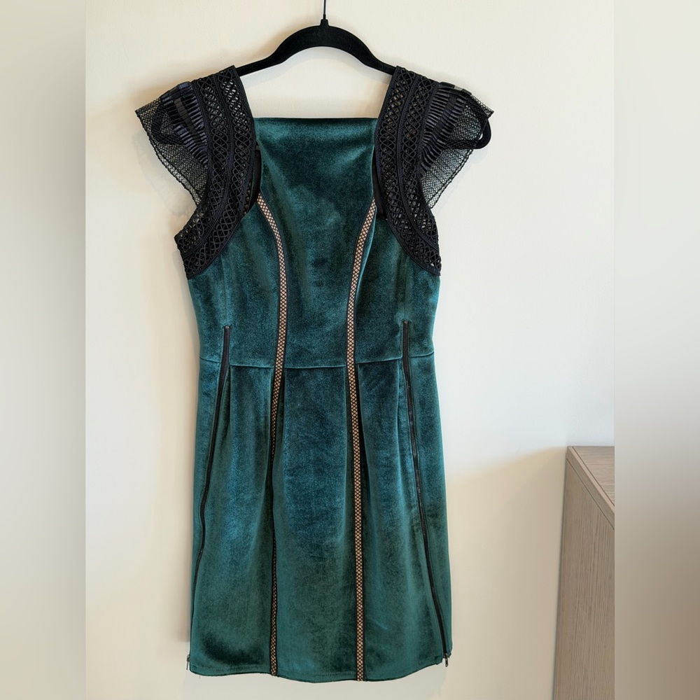 Self-Portrait Teal velvet Mini Dress with Black Lace